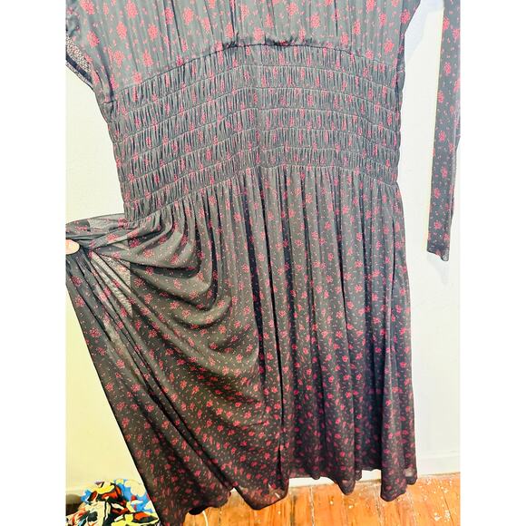 MADEWELL Black Red Smocked Midi Floral Print Sheer Lined Dress size XXL - Picture 9 of 15